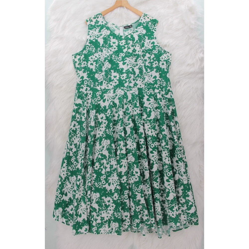 PHOOL Flouncy Cool Cotton Summer Sun Dress Green Floral 22W INDIA Garden Party